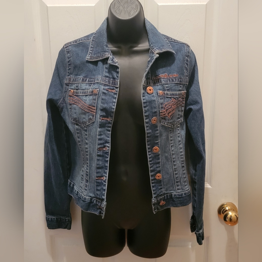 Rocawear Dark Blue Denim Jean Jacket with Brown Stitching